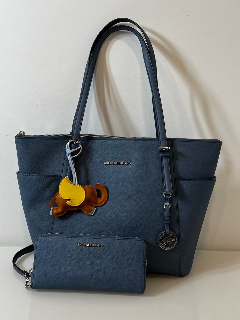 Michael Kors Slate Blue Ltd Ed Charlotte Tote Matching Wallet Charm Dust bag EXC